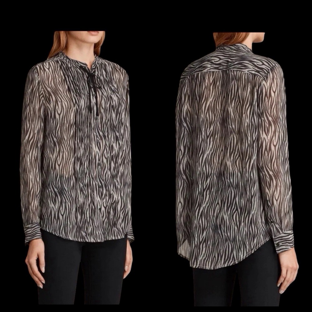 ALLSAINTS Cada Sheer Zebra Print Blouse Chiffon Sz XS Quiet Luxury Tie Neck Edgy